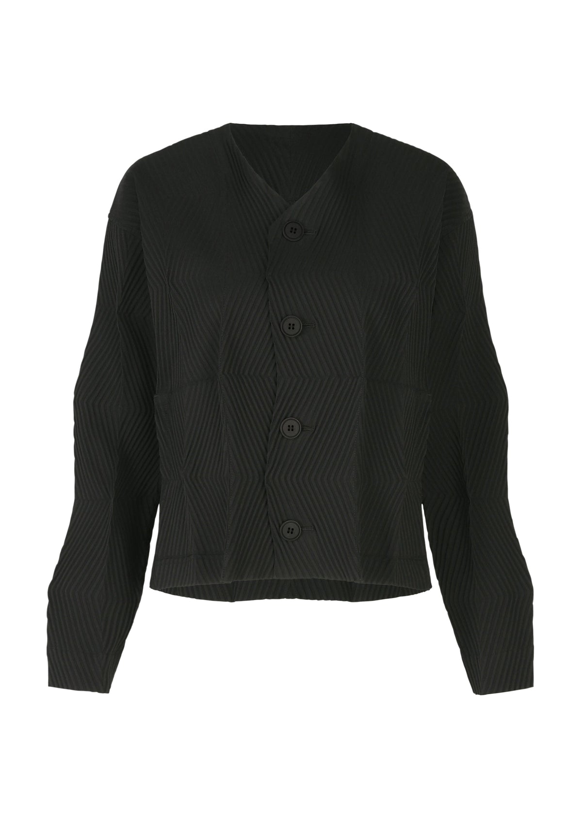 The TYPE-W 009-1 by A-POC ABLE ISSEY MIYAKE is a black, long-sleeve V-neck blouse with four large front buttons, relaxed fit, and stretchy polyester fabric with a subtle geometric texture reminiscent of Steam Stretch. view 1 of 6