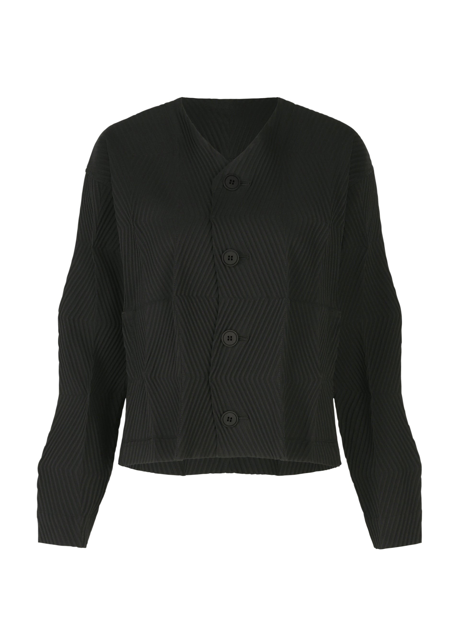 Zoomed view The TYPE-W 009-1 by A-POC ABLE ISSEY MIYAKE is a black, long-sleeve V-neck blouse with four large front buttons, relaxed fit, and stretchy polyester fabric with a subtle geometric texture reminiscent of Steam Stretch. - BLACK (no.15)