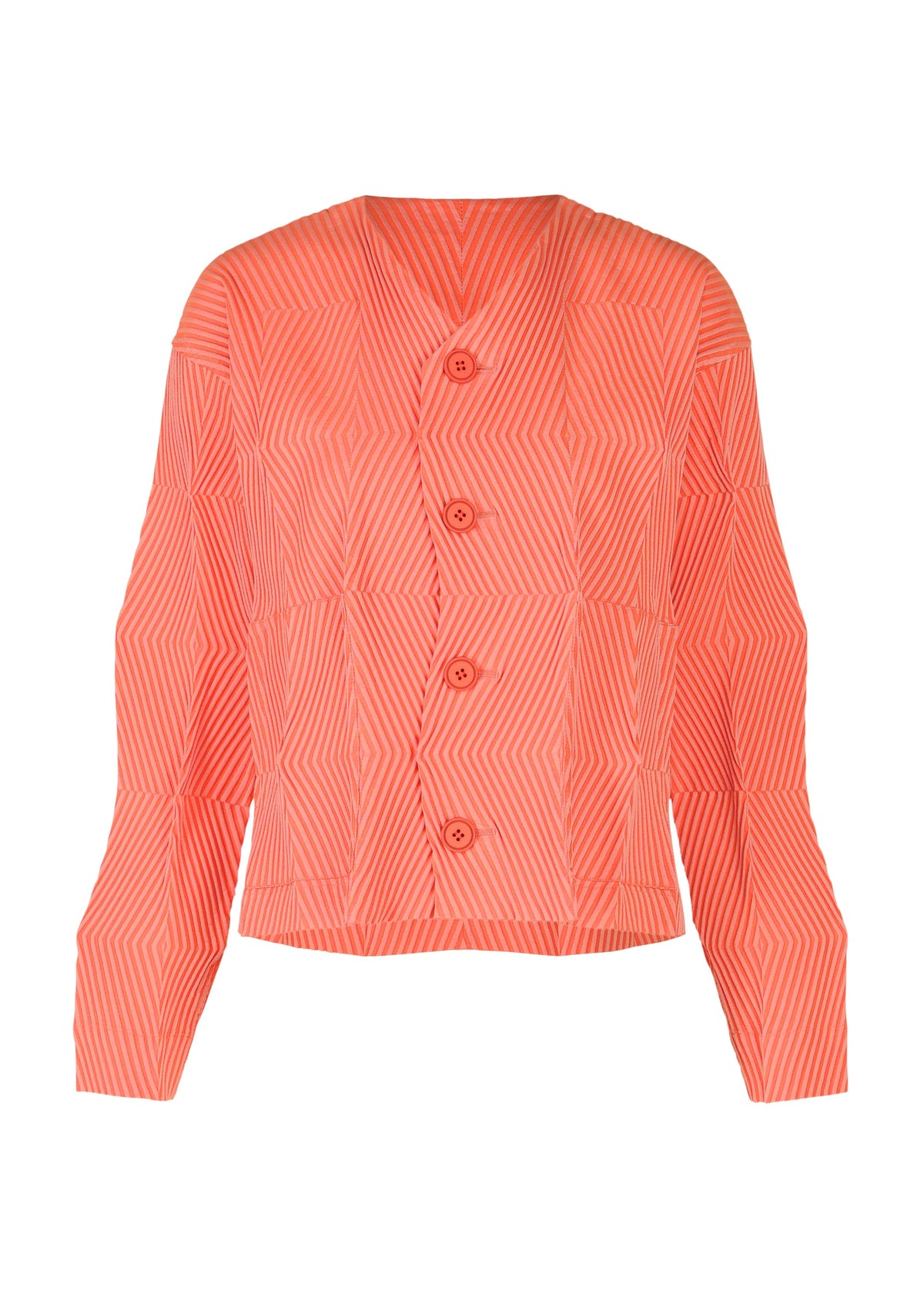 The TYPE-W 009-1 by A-POC ABLE ISSEY MIYAKE is a coral long-sleeve blouse with a geometric striped pattern, V-neckline, four large buttons, and a relaxed fit in stretchy polyester for all-day comfort. view 2 of 6