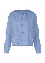The TYPE-W 009-1 by A-POC ABLE ISSEY MIYAKE is a blue and white long-sleeve shirt with geometric square stripes, four large blue front buttons, and a straight hem. Made from stretchy polyester for comfort in a relaxed fit. - LIGHT BLUE (no.71)
