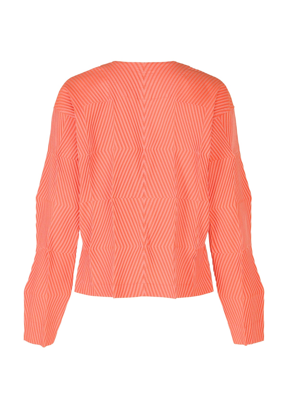 The TYPE-W 009-1 top by A-POC ABLE ISSEY MIYAKE is shown from the back. This relaxed-fit, long-sleeve piece in bright orange features narrow diagonal and vertical geometric stripes and is crafted from stretchy polyester. view 4 of 6