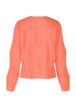 The TYPE-W 009-1 top by A-POC ABLE ISSEY MIYAKE is shown from the back. This relaxed-fit, long-sleeve piece in bright orange features narrow diagonal and vertical geometric stripes and is crafted from stretchy polyester.