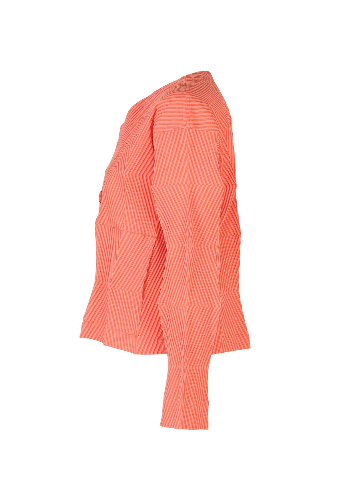 Side view of the TYPE-W 009-1 by A-POC ABLE ISSEY MIYAKE: a relaxed fit, long-sleeve shirt with orange and white geometric stripes forming squares, crafted from lightweight, stretchy polyester. view 5 of 6
