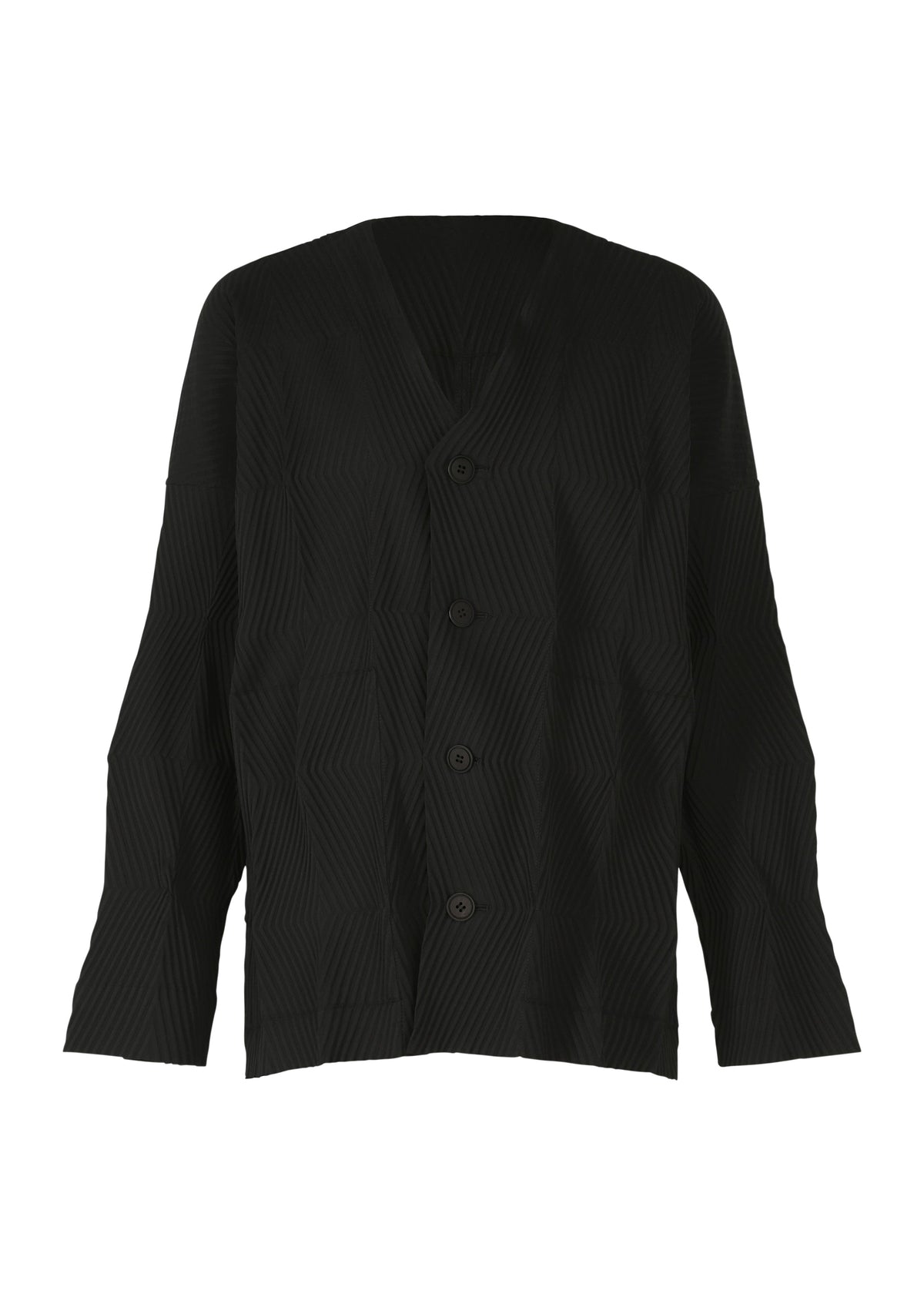 The TYPE-W 009-2 by A-POC ABLE ISSEY MIYAKE is a black, long-sleeved button-up shirt featuring a subtle geometric pattern and a V-neck collar, crafted from stretchy polyester for enhanced comfort and ease of movement, presented against a plain white background. view 1 of 9