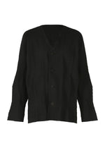 The TYPE-W 009-2 by A-POC ABLE ISSEY MIYAKE is a black, long-sleeved button-up shirt featuring a subtle geometric pattern and a V-neck collar, crafted from stretchy polyester for enhanced comfort and ease of movement, presented against a plain white background. - BLACK （no.15）