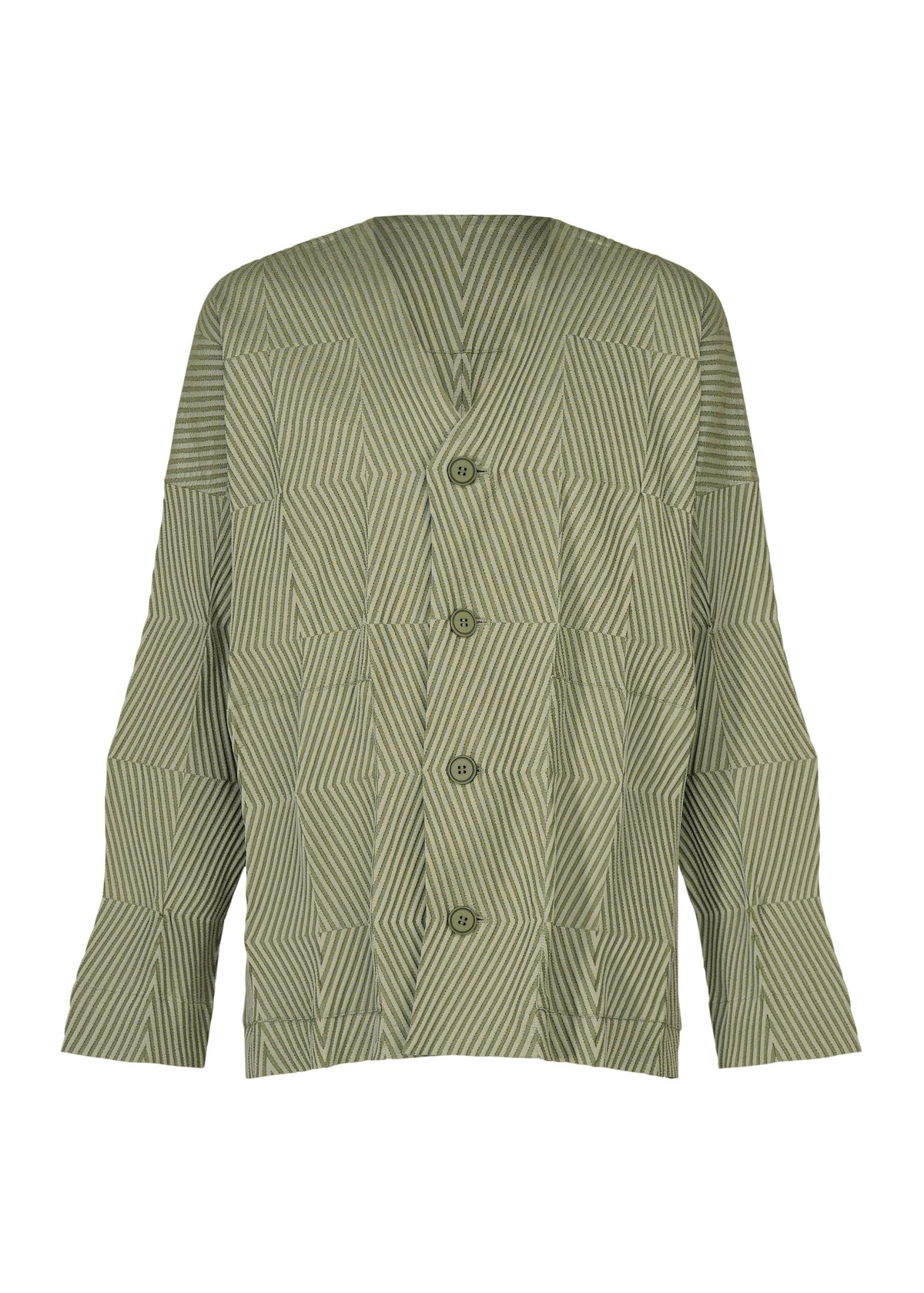 The TYPE-W 009-2 by A-POC ABLE ISSEY MIYAKE is a green and white striped long-sleeve button-up shirt featuring a geometric pattern, made from stretchy polyester for enhanced comfort and a relaxed fit, shown against a plain white background. view 2 of 9