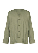The TYPE-W 009-2 by A-POC ABLE ISSEY MIYAKE is a green and white striped long-sleeve button-up shirt featuring a geometric pattern, made from stretchy polyester for enhanced comfort and a relaxed fit, shown against a plain white background. - KHAKI （no.65）