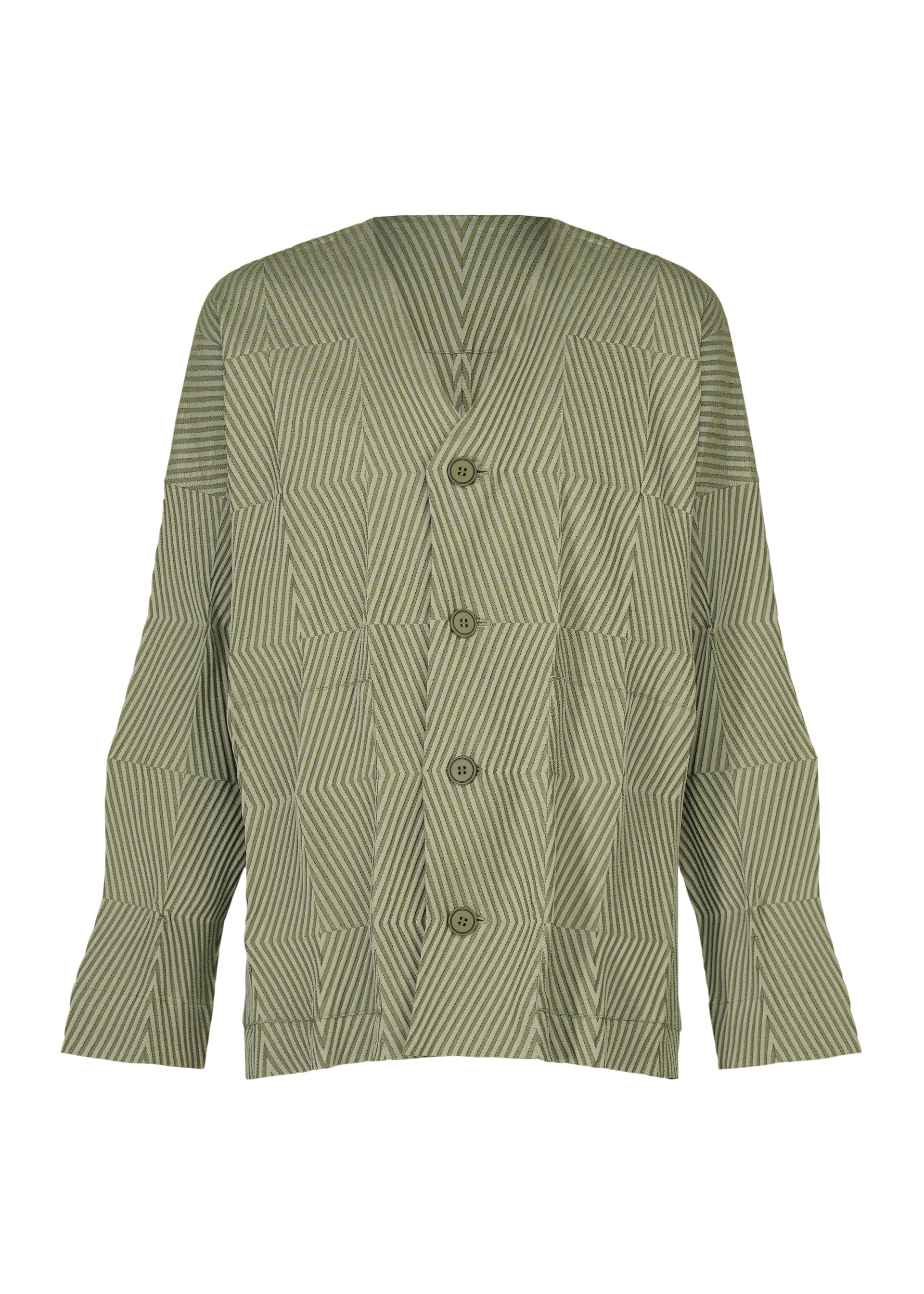 Zoomed view The TYPE-W 009-2 by A-POC ABLE ISSEY MIYAKE is a green and white striped long-sleeve button-up shirt featuring a geometric pattern, made from stretchy polyester for enhanced comfort and a relaxed fit, shown against a plain white background. - KHAKI （no.65）