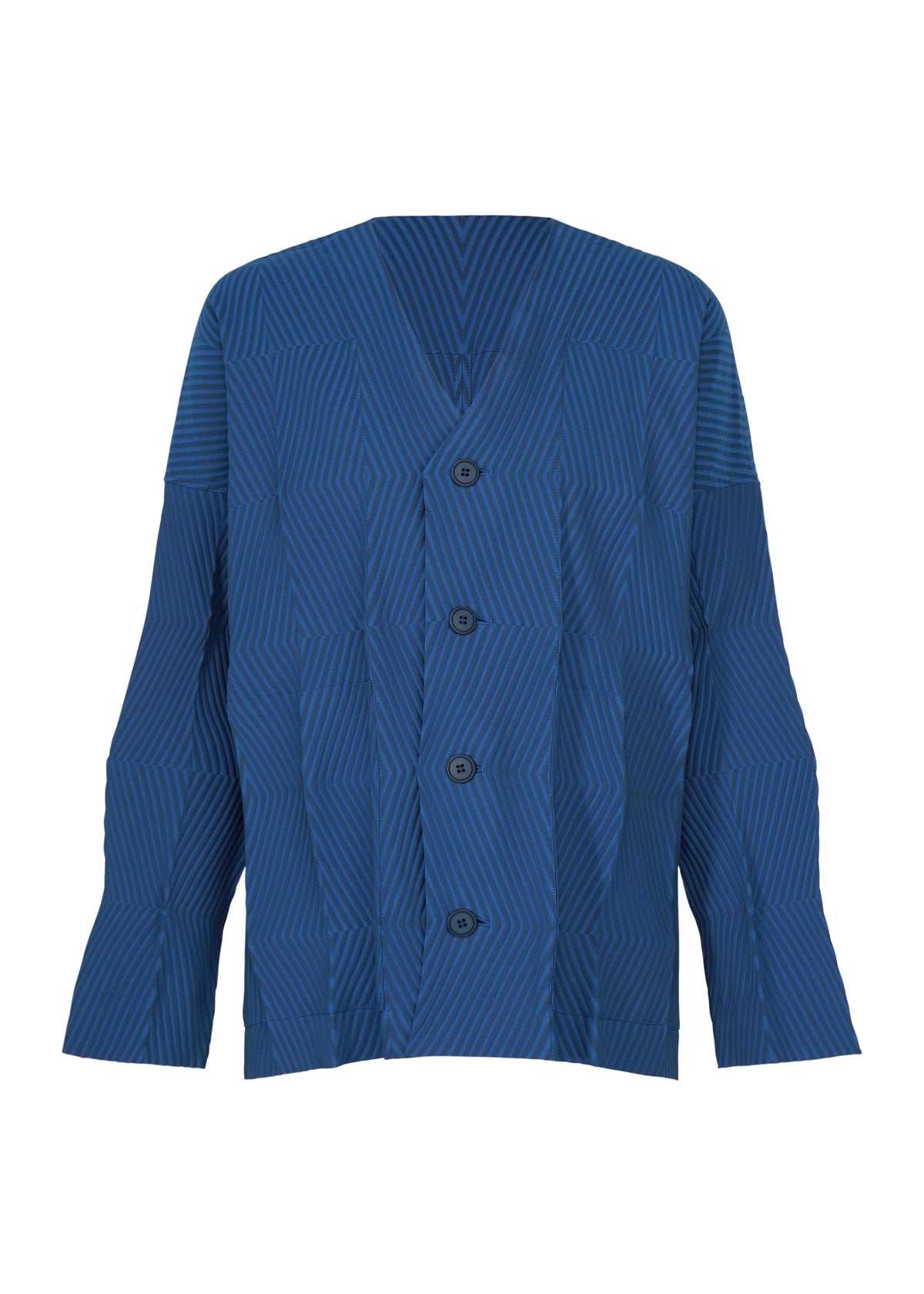 Sure! Here’s the rewritten sentence using your product data: The TYPE-W 009-2 by A-POC ABLE ISSEY MIYAKE is a blue button-up shirt featuring long sleeves and an all-over geometric stripe pattern. Made from stretchy polyester for enhanced comfort, the textured fabric complements its V-neckline and relaxed fit. view 3 of 9