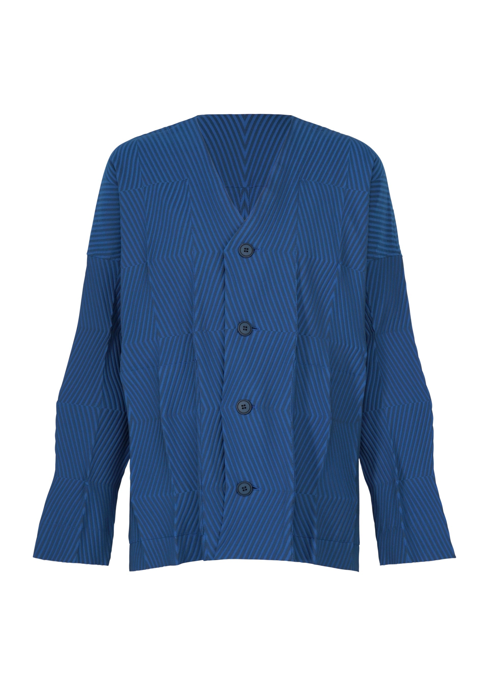 Zoomed view Sure! Here’s the rewritten sentence using your product data: The TYPE-W 009-2 by A-POC ABLE ISSEY MIYAKE is a blue button-up shirt featuring long sleeves and an all-over geometric stripe pattern. Made from stretchy polyester for enhanced comfort, the textured fabric complements its V-neckline and relaxed fit. - BLUE （no.72）