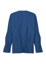 The TYPE-W 009-2 by A-POC ABLE ISSEY MIYAKE is a blue long-sleeve top with wide sleeves, featuring a geometric pleated pattern. Crafted from stretchy polyester, this relaxed-fit piece showcases alternating dark and light blue stripes that create optical illusion shapes.