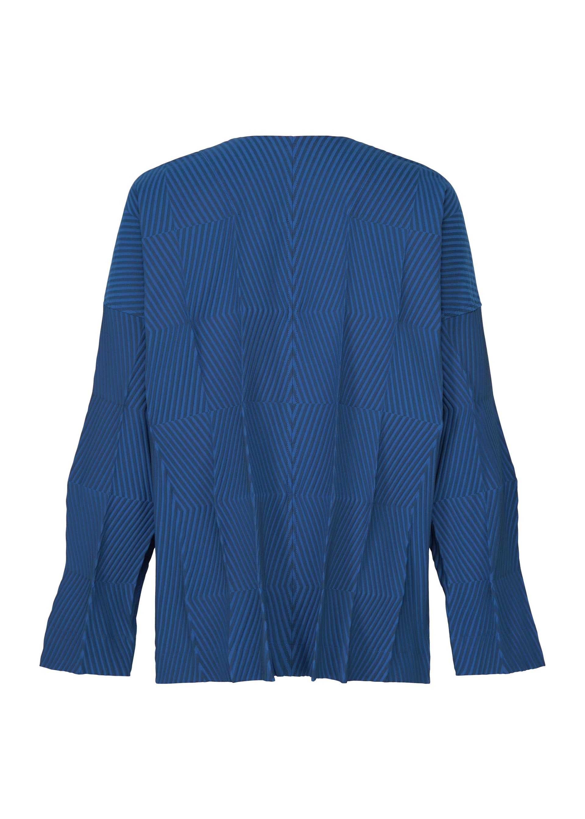 Zoomed view The TYPE-W 009-2 by A-POC ABLE ISSEY MIYAKE is a blue long-sleeve top with wide sleeves, featuring a geometric pleated pattern. Crafted from stretchy polyester, this relaxed-fit piece showcases alternating dark and light blue stripes that create optical illusion shapes.