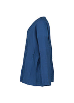 Side view of the TYPE-W 009-2 long-sleeved shirt by A-POC ABLE ISSEY MIYAKE, featuring a relaxed fit and a subtle geometric pattern in blue, crafted from stretchy polyester and displayed against a white background.