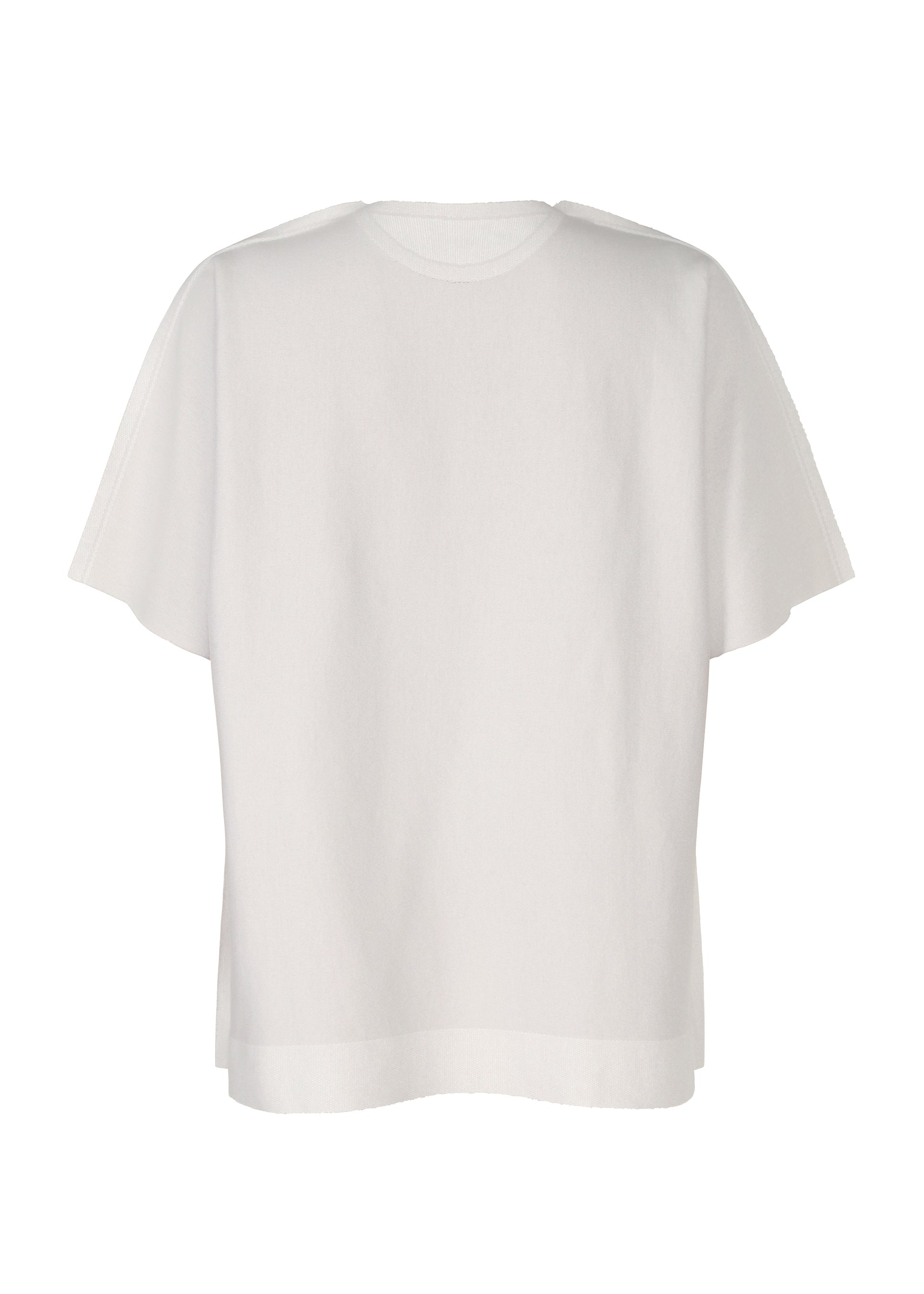 Zoomed view The TYPE-J 001 by A-POC ABLE ISSEY MIYAKE is a loose-fit, plain white short-sleeved top, shown against a white background.