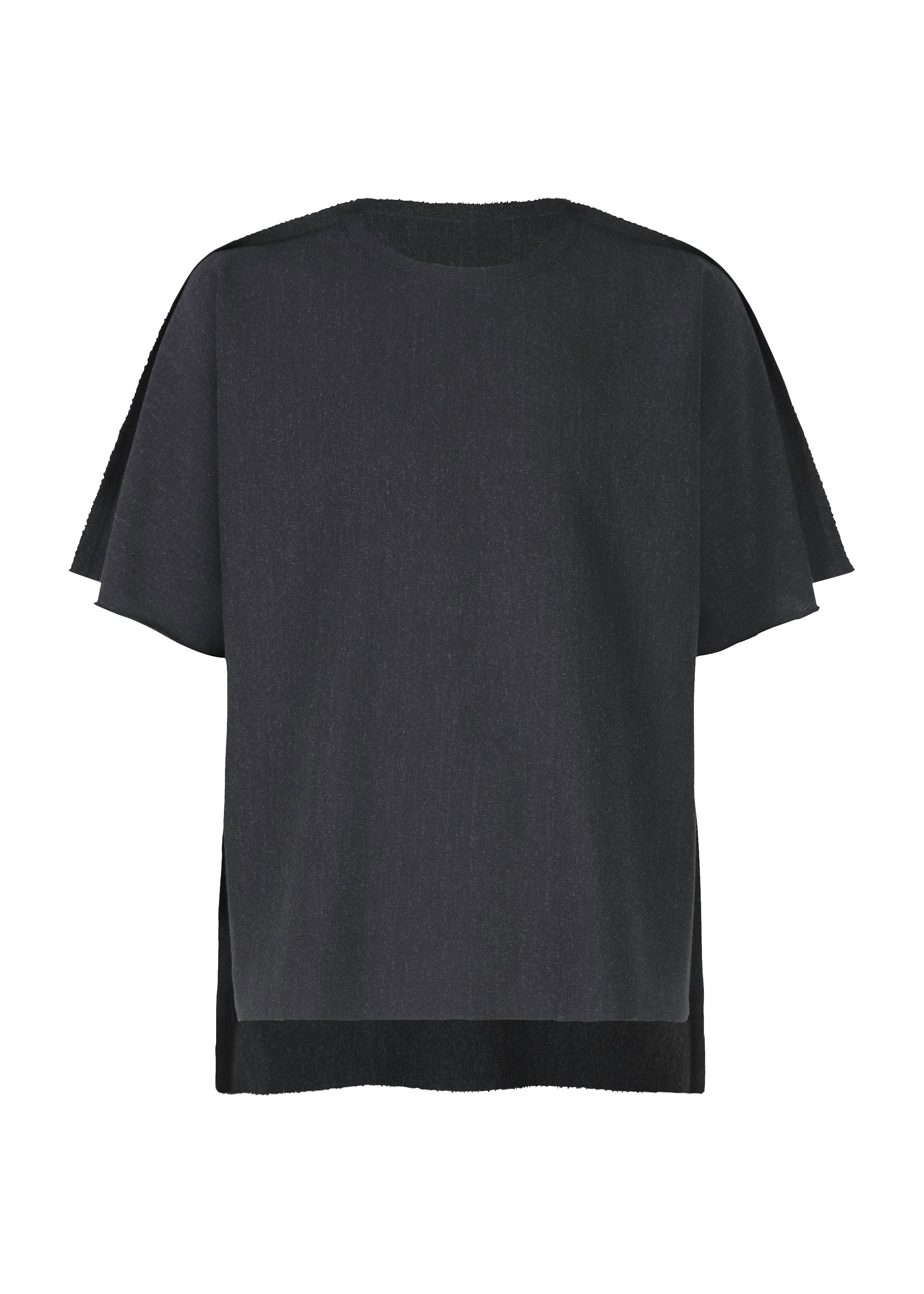 Zoomed view The TYPE-J 001 by A-POC ABLE ISSEY MIYAKE is a loose, boxy-fit black short-sleeved top, shown against a white background. - NAVY-HUED （no.79）