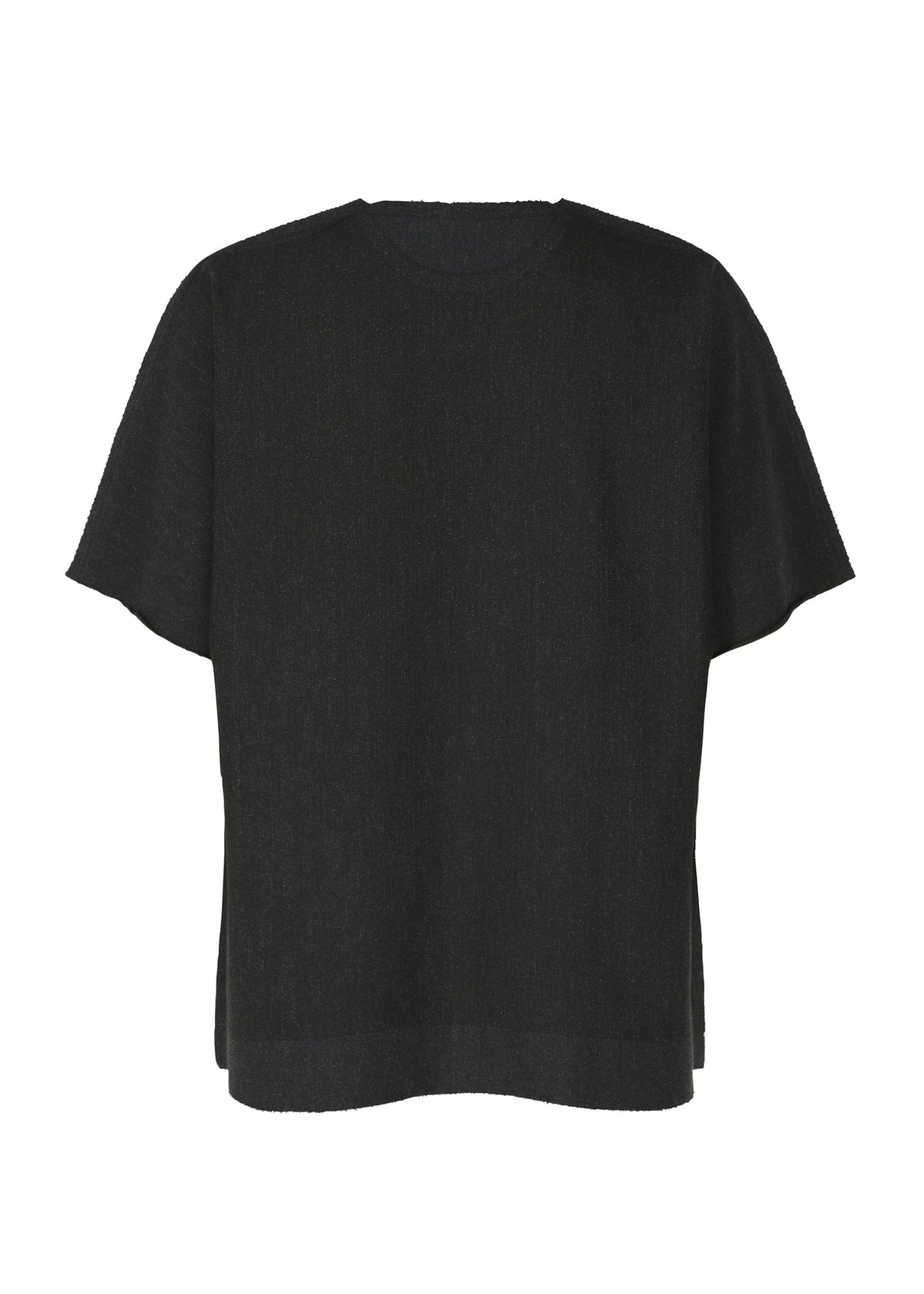 The TYPE-J 001 by A-POC ABLE ISSEY MIYAKE is a plain black, short-sleeved top with a loose fit, displayed against a white background. view 4 of 11