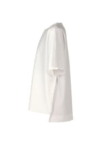 The TYPE-J 001 by A-POC ABLE ISSEY MIYAKE is a plain white short-sleeved top with a straight hem and relaxed, loose fit, shown from the side against a white background.