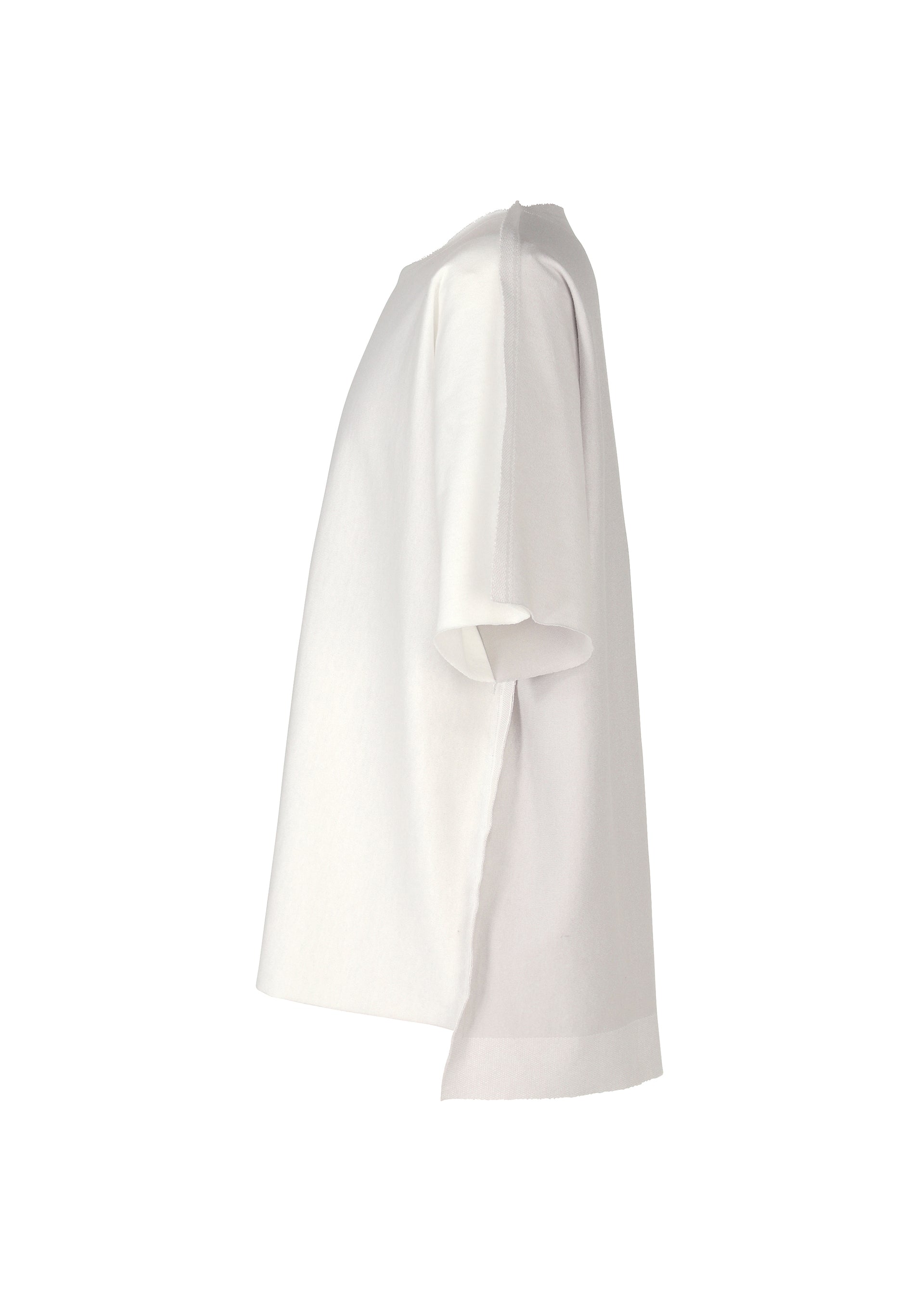 Zoomed view The TYPE-J 001 by A-POC ABLE ISSEY MIYAKE is a plain white short-sleeved top with a straight hem and relaxed, loose fit, shown from the side against a white background.