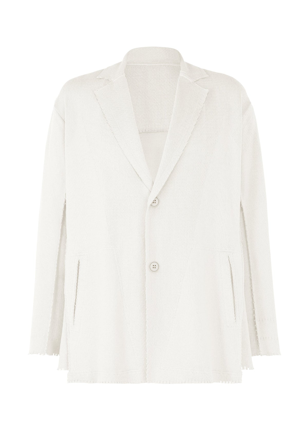 The TYPE-A 003 by A-POC ABLE ISSEY MIYAKE is a cream knit jacket featuring notch lapels, two buttons, patch pockets, and raw edges on cuffs and hem. Made from innovative A-POC tube-shaped fabric, shown on a plain white background. view 1 of 9