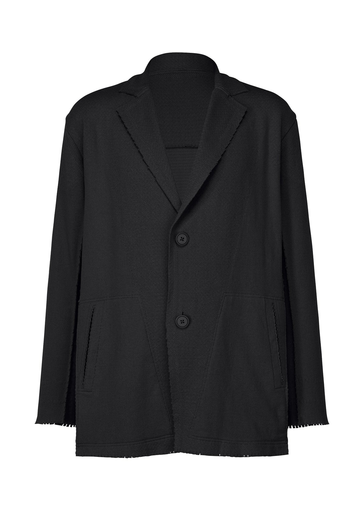 TYPE-A 003 by A-POC ABLE ISSEY MIYAKE is a black oversized knit jacket featuring a notched collar, tubular details, two large front pockets, two buttons, and raw edges on the sleeves and hem, shown against a white background. view 1 of 7