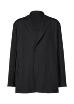 TYPE-A 003 by A-POC ABLE ISSEY MIYAKE is a black oversized knit jacket featuring a notched collar, tubular details, two large front pockets, two buttons, and raw edges on the sleeves and hem, shown against a white background. - BLACK （no.15）