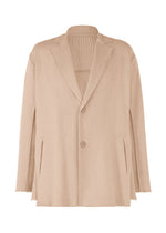 The TYPE-A 003 by A-POC ABLE ISSEY MIYAKE is a beige, oversized knit jacket with a relaxed fit, notched lapels, two front buttons, front pockets, and raw edges on the sleeves and hem. - PINK BEIGE （no.42）