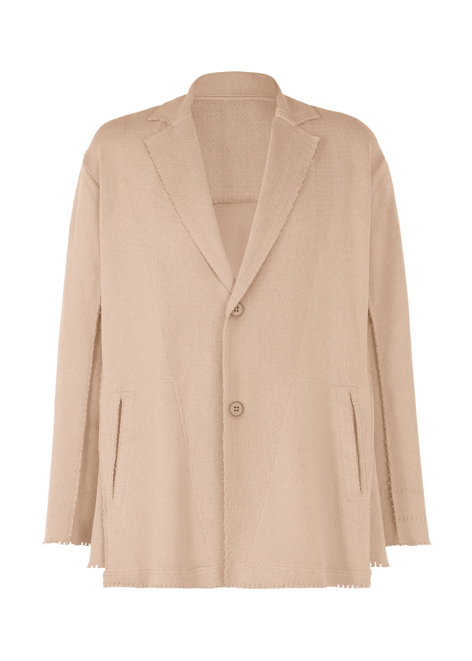 Zoomed view The TYPE-A 003 by A-POC ABLE ISSEY MIYAKE is a beige, oversized knit jacket with a relaxed fit, notched lapels, two front buttons, front pockets, and raw edges on the sleeves and hem. - PINK BEIGE （no.42）