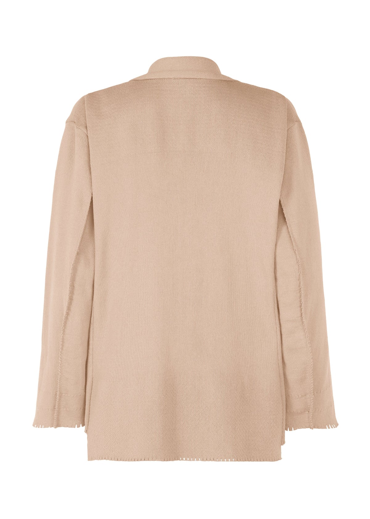 The TYPE-A 003 by A-POC ABLE ISSEY MIYAKE is a beige long-sleeve blazer with a straight cut, collar, and raw-edged cuffs and hem—crafted from tube-shaped fabric inspired by A-POC innovation, seen from the back. view 4 of 9