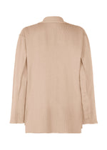The TYPE-A 003 by A-POC ABLE ISSEY MIYAKE is a beige long-sleeve blazer, shown from the back, with a relaxed fit, raw edges, minimal detailing, and tube-shaped fabric accents inspired by an A-POC knit jacket.