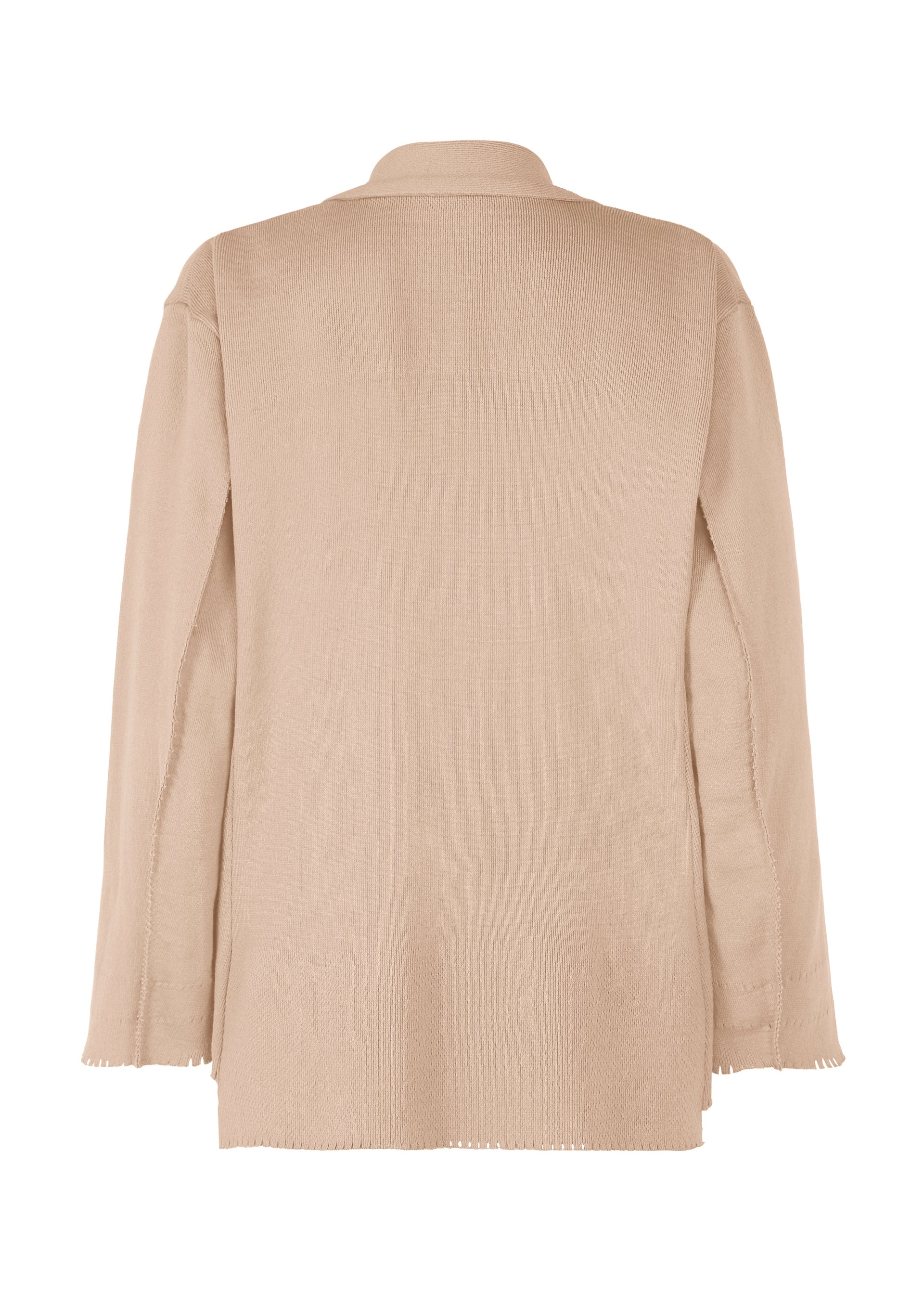 Zoomed view The TYPE-A 003 by A-POC ABLE ISSEY MIYAKE is a beige long-sleeve blazer, shown from the back, with a relaxed fit, raw edges, minimal detailing, and tube-shaped fabric accents inspired by an A-POC knit jacket.