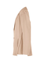 Side view of the TYPE-A 003 blazer by A-POC ABLE ISSEY MIYAKE, in beige knit with a notched lapel, two buttons, front pockets, tube-shaped construction, visible seams, and a relaxed fit on a white background.