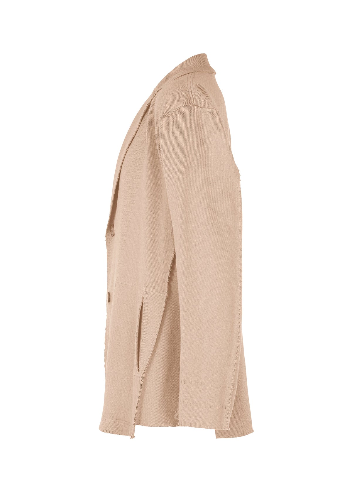 The TYPE-A 003 blazer by A-POC ABLE ISSEY MIYAKE is shown from the side, featuring notched lapels, a two-button front, visible seam details, relaxed fit pockets, and innovative tube-shaped fabric construction. view 3 of 7