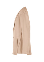 The TYPE-A 003 blazer by A-POC ABLE ISSEY MIYAKE is shown from the side, featuring notched lapels, a two-button front, visible seam details, relaxed fit pockets, and innovative tube-shaped fabric construction.