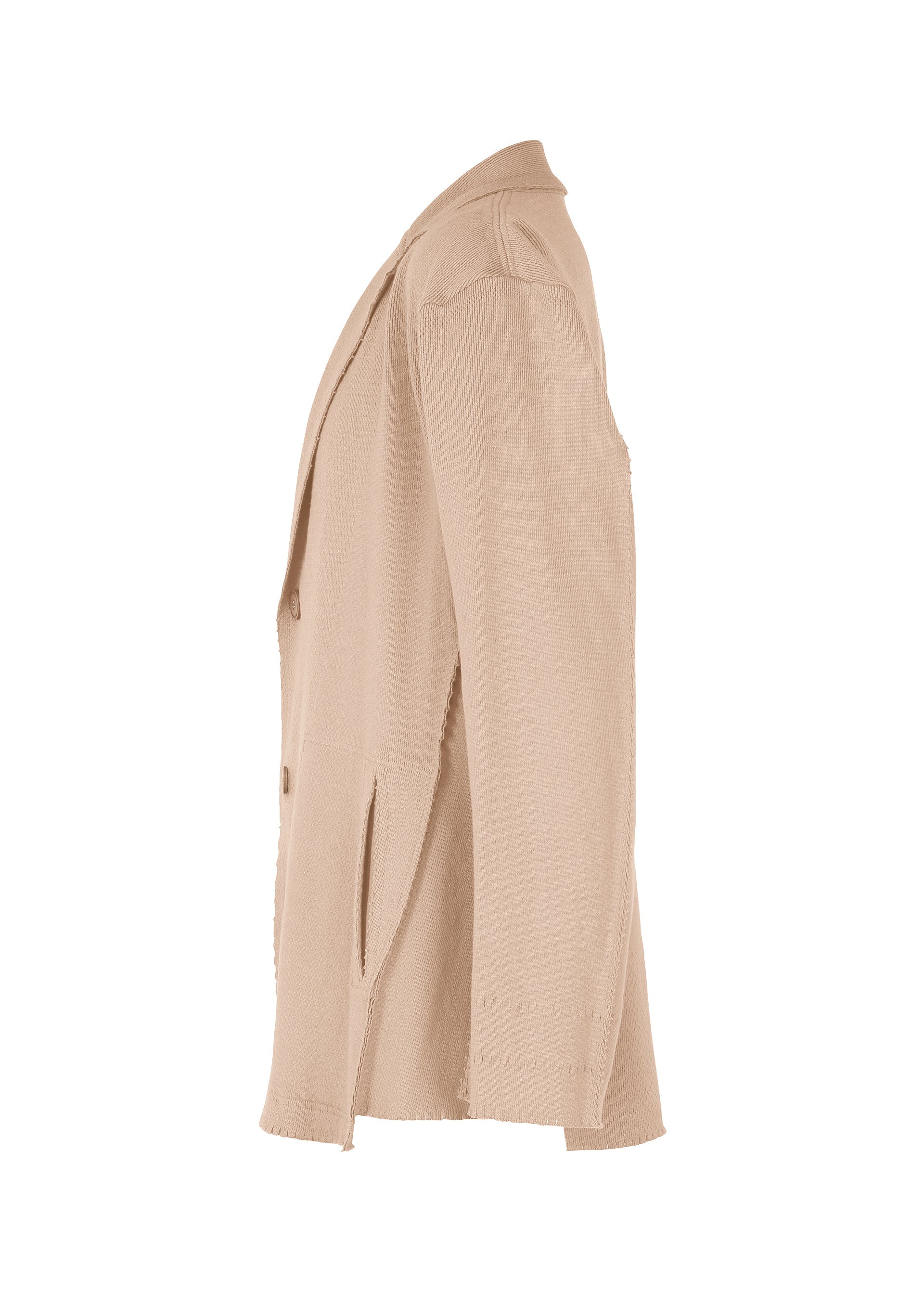 Zoomed view The TYPE-A 003 blazer by A-POC ABLE ISSEY MIYAKE is shown from the side, featuring notched lapels, a two-button front, visible seam details, relaxed fit pockets, and innovative tube-shaped fabric construction.