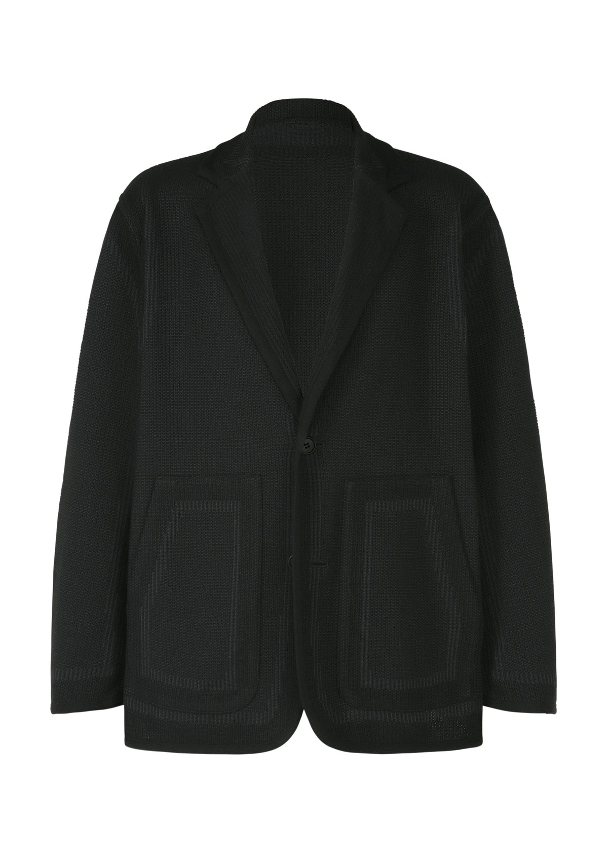 The TYPE-K 008 by A-POC ABLE ISSEY MIYAKE is a black, wrinkle-resistant blazer with textured fabric, notched lapels, a single front button, and two large front pockets. Shown facing forward against a white background. view 1 of 11