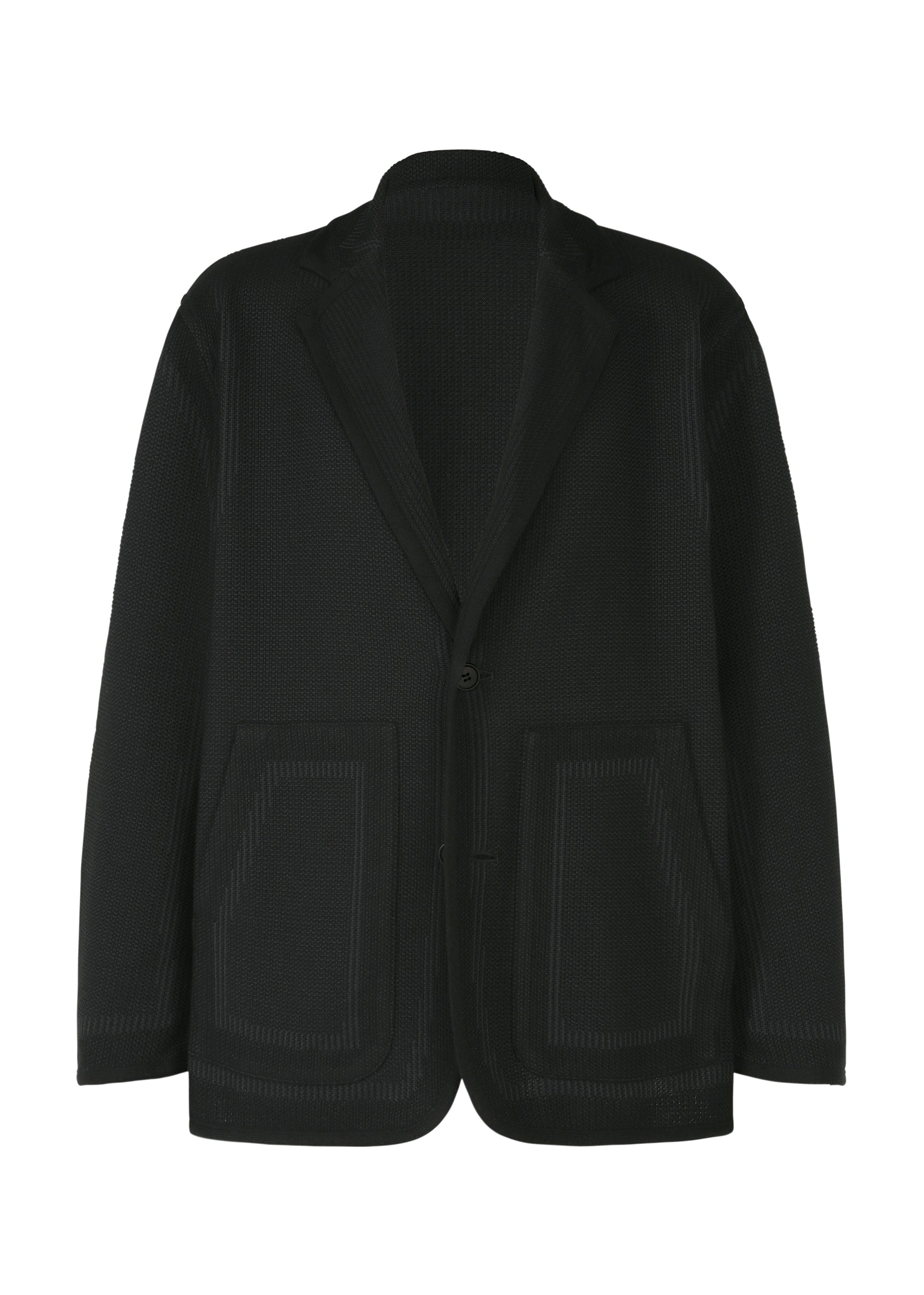 Zoomed view The TYPE-K 008 by A-POC ABLE ISSEY MIYAKE is a black, wrinkle-resistant blazer with textured fabric, notched lapels, a single front button, and two large front pockets. Shown facing forward against a white background. - BLACK (no.15)