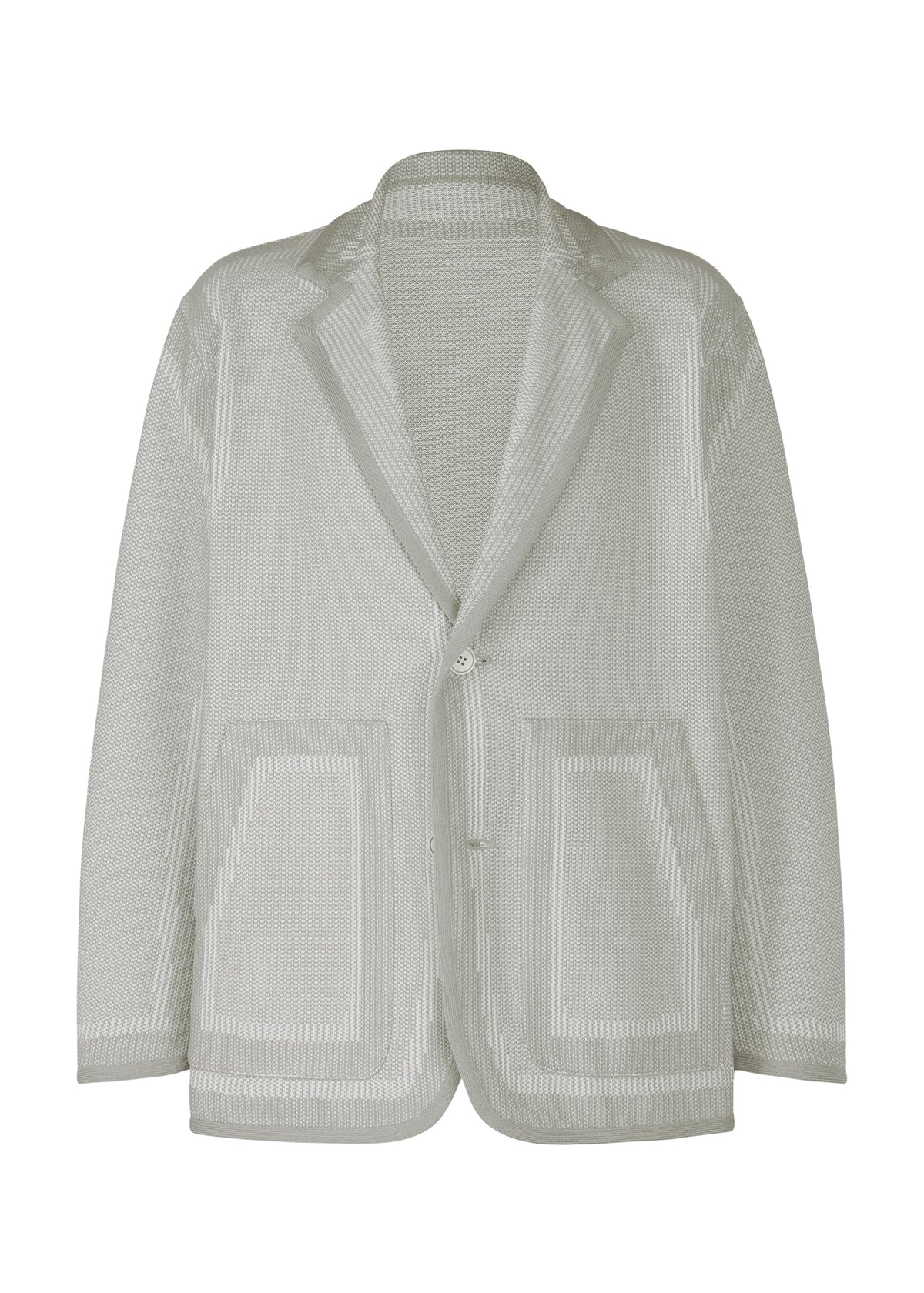 The TYPE-K 008 by A-POC ABLE ISSEY MIYAKE is a light grey textured knit blazer with a notched lapel, single-breasted two-button front, large front pockets, subtle woven pattern, and relaxed unstructured fit. view 2 of 11