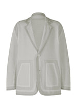 The TYPE-K 008 by A-POC ABLE ISSEY MIYAKE is a light grey textured knit blazer with a notched lapel, single-breasted two-button front, large front pockets, subtle woven pattern, and relaxed unstructured fit. - GRAY-HUED (no.16)