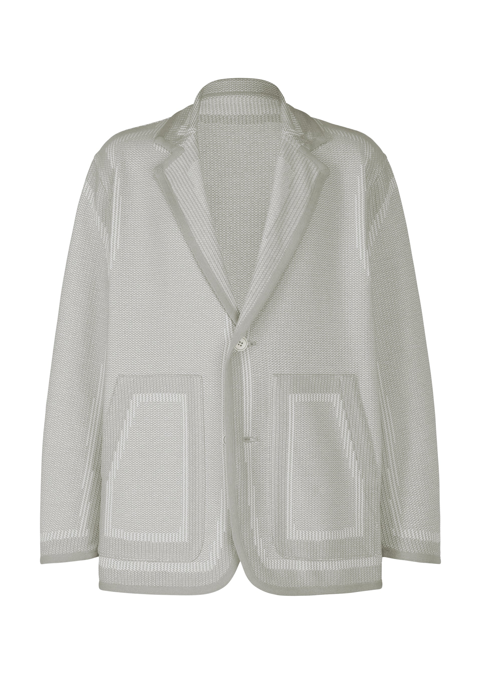 Zoomed view The TYPE-K 008 by A-POC ABLE ISSEY MIYAKE is a light grey textured knit blazer with a notched lapel, single-breasted two-button front, large front pockets, subtle woven pattern, and relaxed unstructured fit. - GRAY-HUED (no.16)