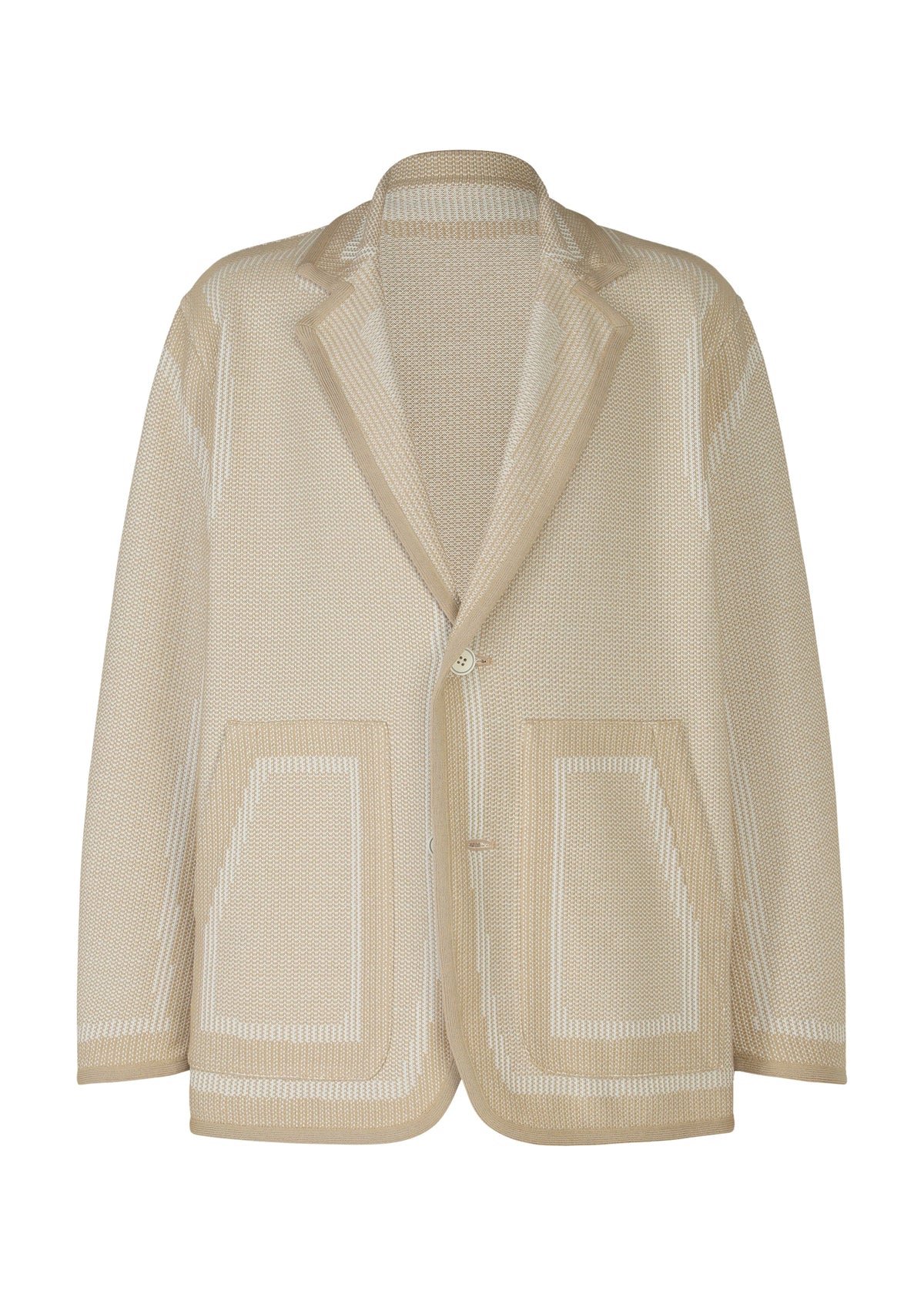 The TYPE-K 008 by A-POC ABLE ISSEY MIYAKE is a beige textured knit jacket with a single button, notched lapels, two large front pockets, and subtle white geometric accents on the pockets, cuffs, and seams. view 3 of 11