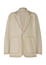 The TYPE-K 008 by A-POC ABLE ISSEY MIYAKE is a beige textured knit jacket with a single button, notched lapels, two large front pockets, and subtle white geometric accents on the pockets, cuffs, and seams. - BEIGE-HUED (no.46)