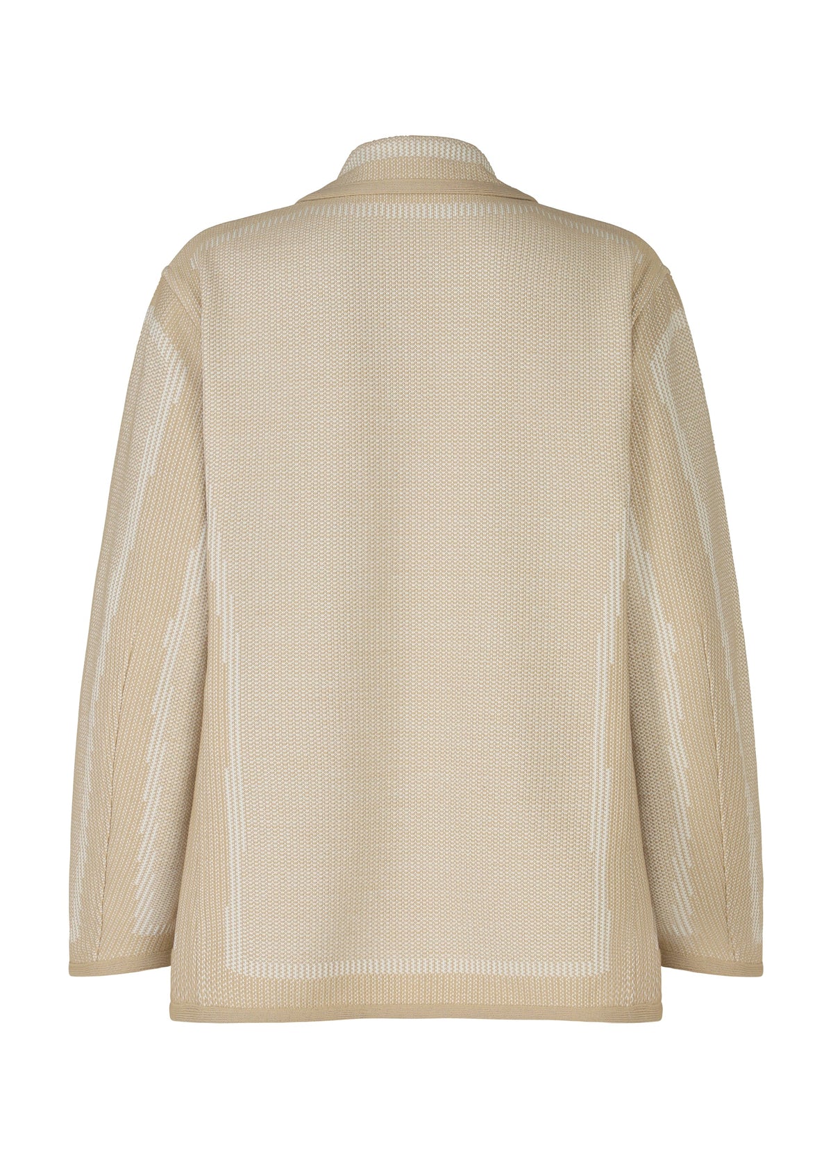Back view of the TYPE-K 008 by A-POC ABLE ISSEY MIYAKE—a beige, wrinkle-resistant knit jacket with long sleeves, textured pattern, subtle white accents, straight hem, and a relaxed fit. view 4 of 11