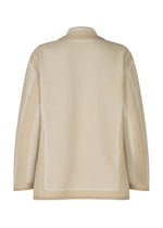 Back view of the TYPE-K 008 by A-POC ABLE ISSEY MIYAKE—a beige, wrinkle-resistant knit jacket with long sleeves, textured pattern, subtle white accents, straight hem, and a relaxed fit.