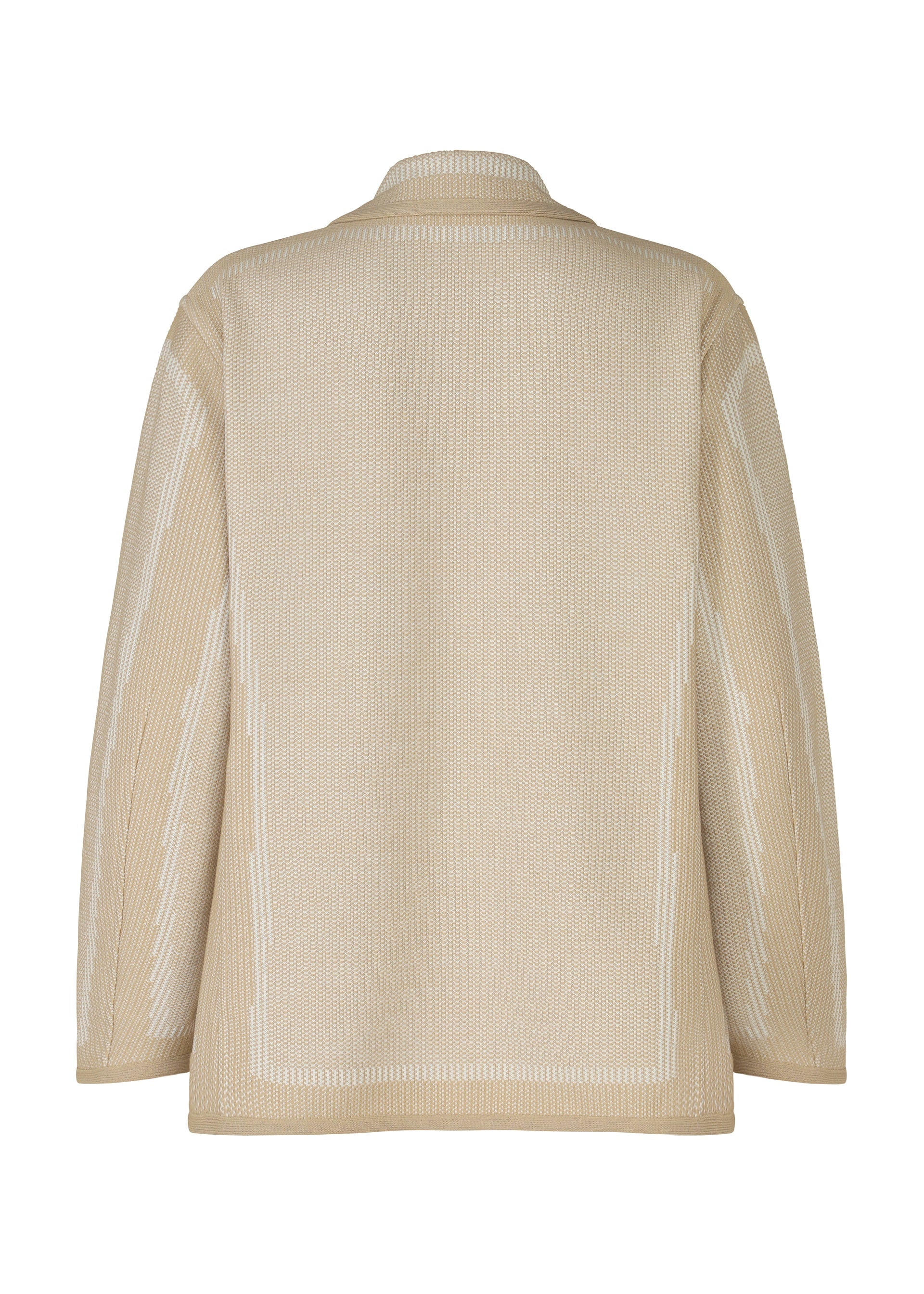 Zoomed view Back view of the TYPE-K 008 by A-POC ABLE ISSEY MIYAKE—a beige, wrinkle-resistant knit jacket with long sleeves, textured pattern, subtle white accents, straight hem, and a relaxed fit.