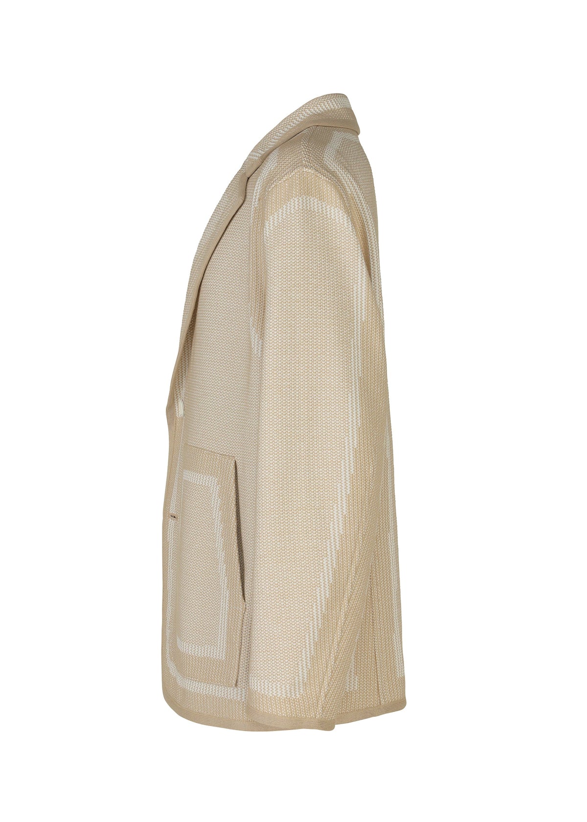 The TYPE-K 008 by A-POC ABLE ISSEY MIYAKE is a beige knitted cardigan with white geometric patterns, shown from the side. It features a collar, long sleeves, two front pockets, and offers wrinkle-resistant comfort for daily wear. view 5 of 11