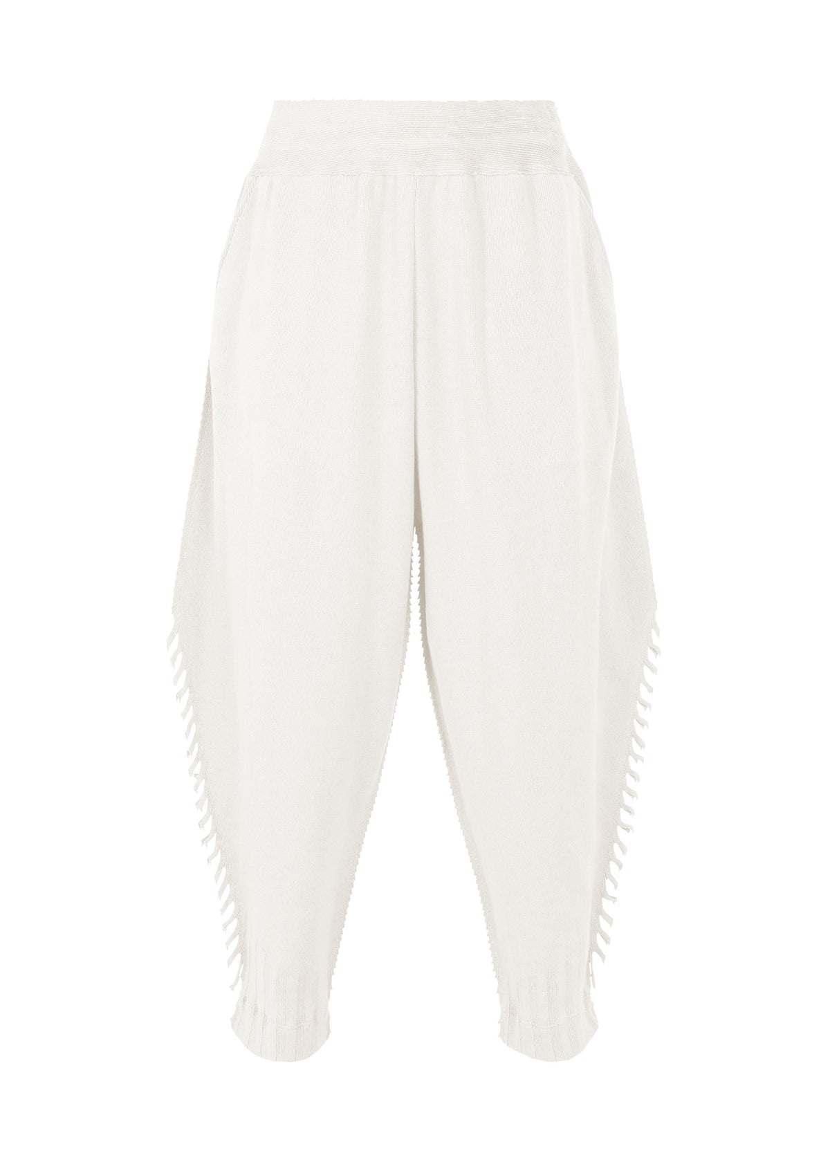 The TYPE-A 003 high-waisted knit tapered pants by A-POC ABLE ISSEY MIYAKE feature a relaxed fit and decorative cut-out details along the outer legs, shown on a plain white background. view 1 of 7