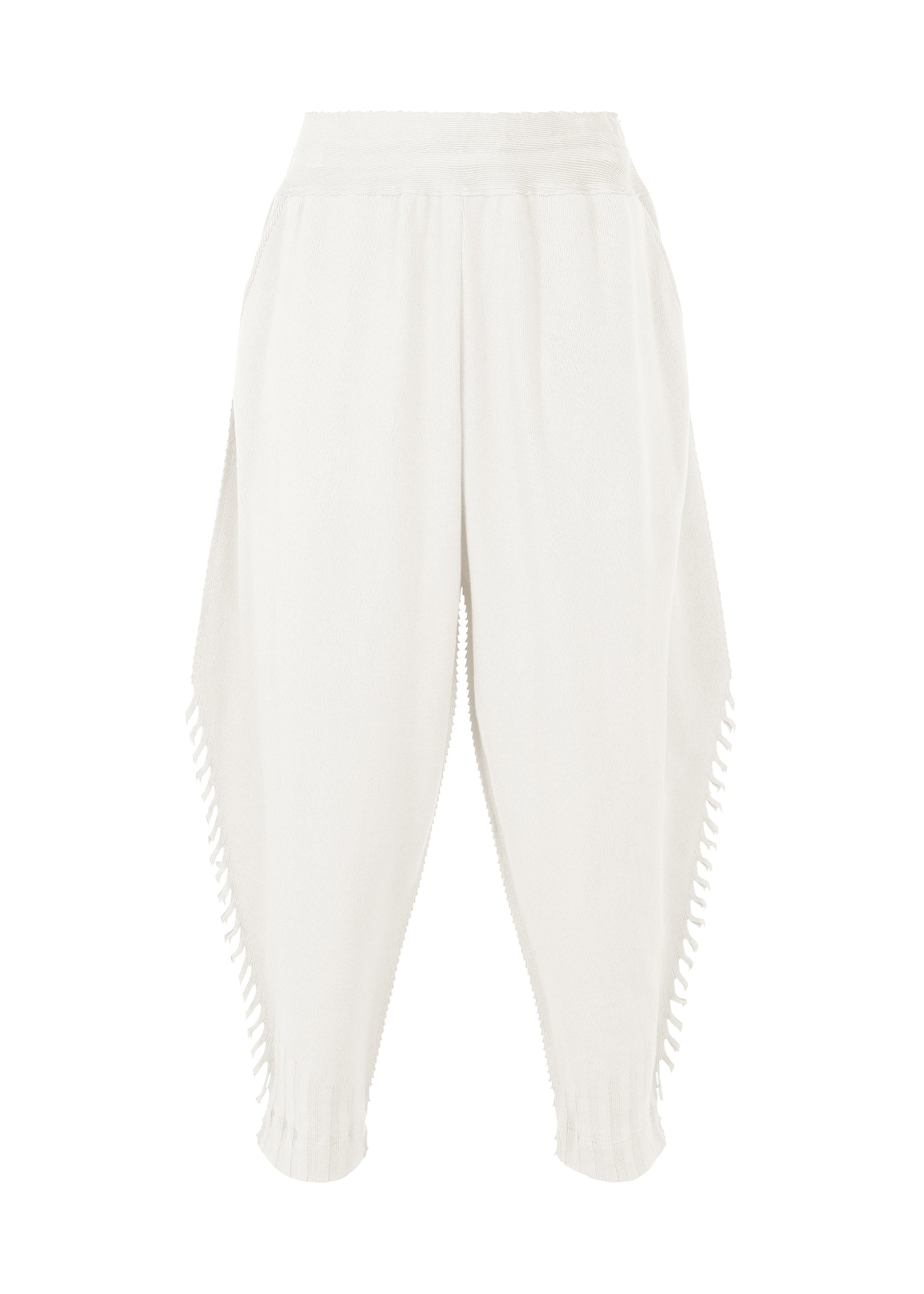 Zoomed view The TYPE-A 003 high-waisted knit tapered pants by A-POC ABLE ISSEY MIYAKE feature a relaxed fit and decorative cut-out details along the outer legs, shown on a plain white background. - LIGHT GRAY （no.11）