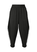 The TYPE-A 003 by A-POC ABLE ISSEY MIYAKE are black, relaxed harem-style pants with elastic waistband and ankles, decorative open lattice along the legs, and lightweight fabric for a knit-like, tapered fit. - BLACK （no.15）