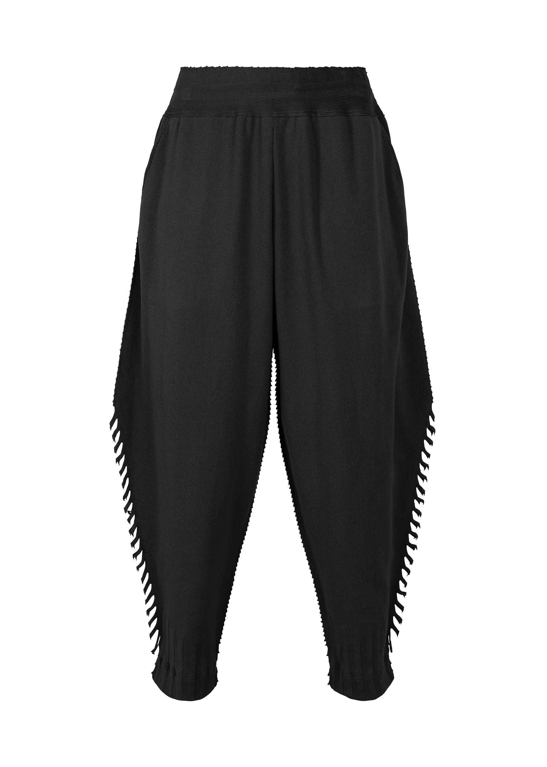 Zoomed view The TYPE-A 003 by A-POC ABLE ISSEY MIYAKE are black, relaxed harem-style pants with elastic waistband and ankles, decorative open lattice along the legs, and lightweight fabric for a knit-like, tapered fit. - BLACK （no.15）