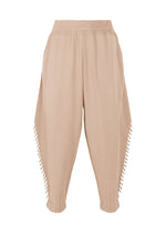 The TYPE-A 003 by A-POC ABLE ISSEY MIYAKE are beige high-waisted knit tapered pants with a relaxed fit, openwork cut-out sides, and gathered ankle hems. - PINK BEIGE （no.42）